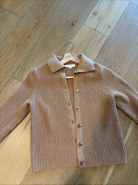 Vince Ribbed Button-Front Knit Jacket in Camel Brown